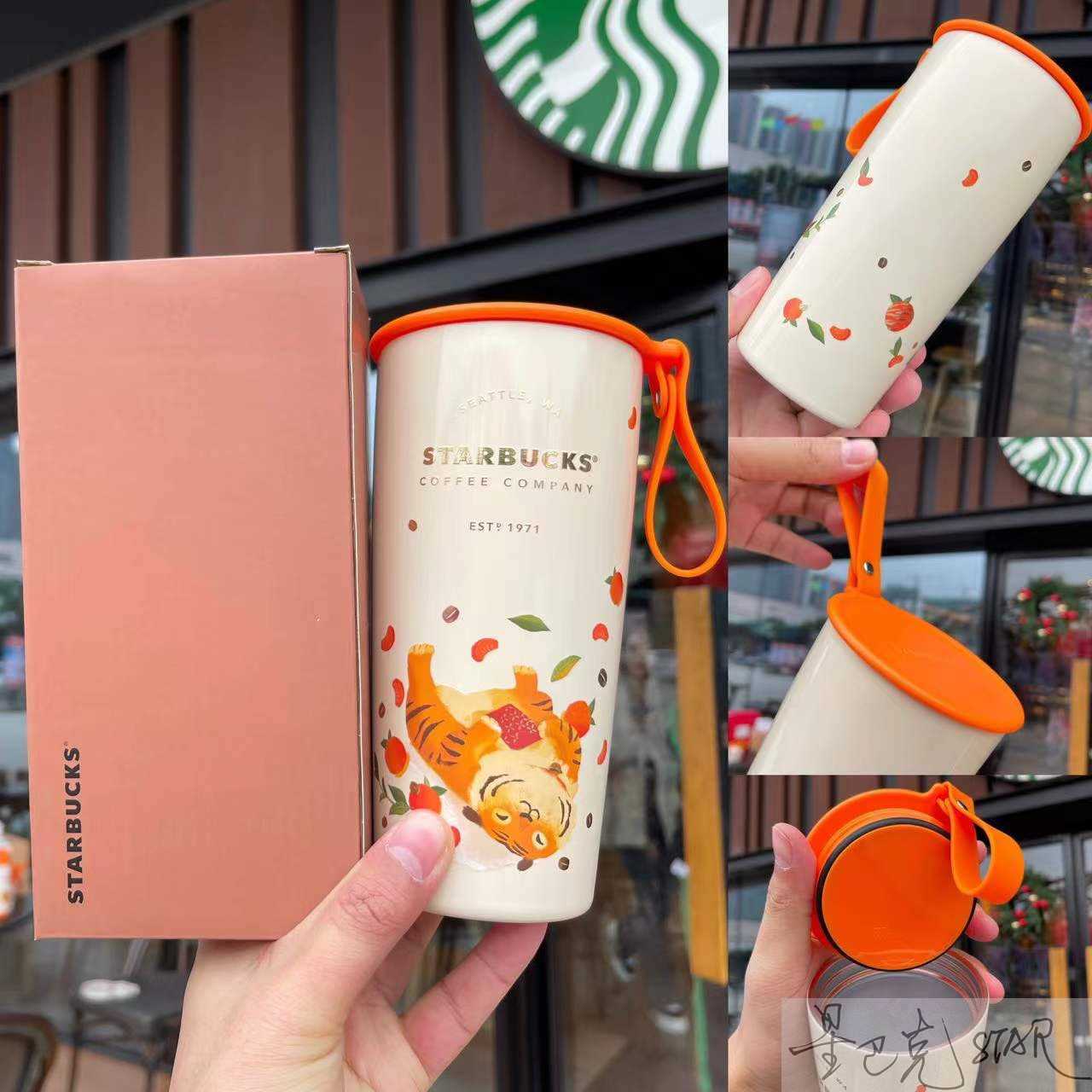 Starbucks new year of the tiger cup 473ml lazy tiger stainless steel thermos cup with rope coffee cup-image-761039084