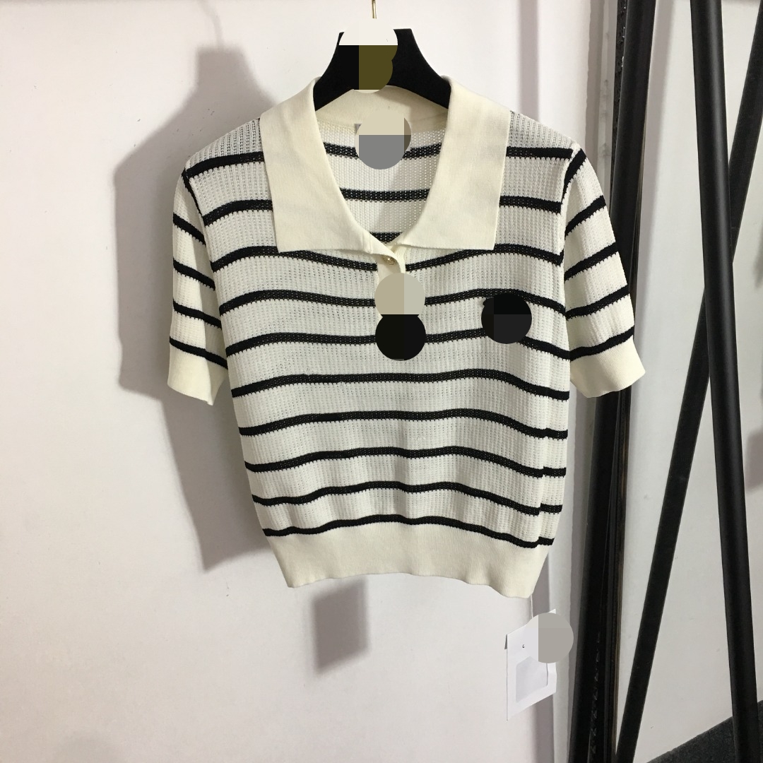 

712 L 2022 Runway Summer Brand Same Style Sweater Lapel Neck Short Sleeve White Striped Women' Sweaters meiyi