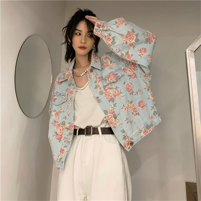 

Retro Temperament Floral Denim Jacket Women Short Style Spring Autumn Flower Print AllMatch SingleBreasted Coats 220816, Blue