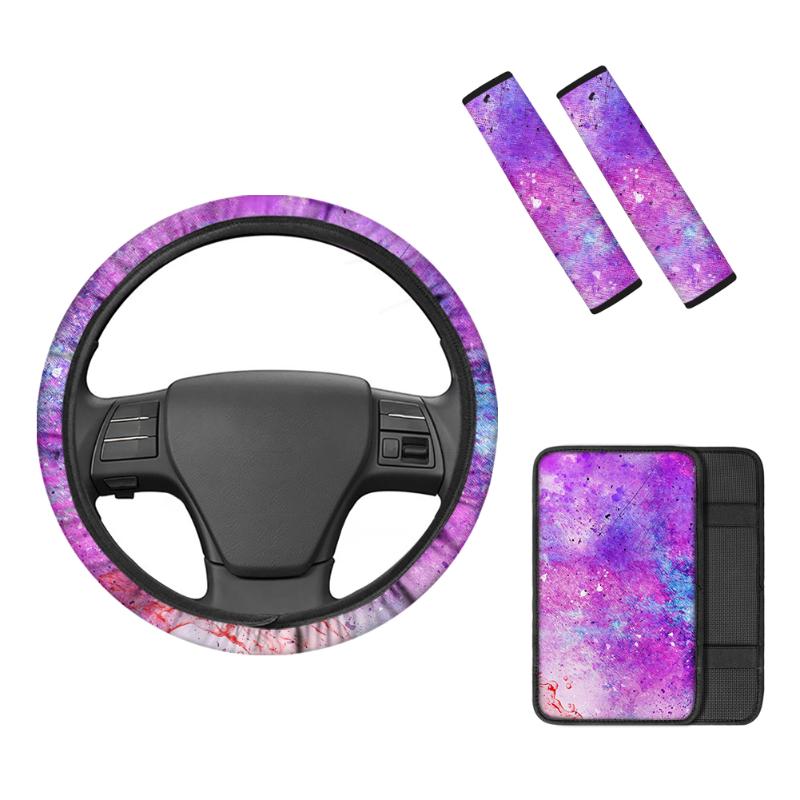 

Steering Wheel Covers Car Armrest Cover Starry Sky Prints Auto Interior Accessories 4Pcs Set Safety Belt Shoulder Protector CoverSteering