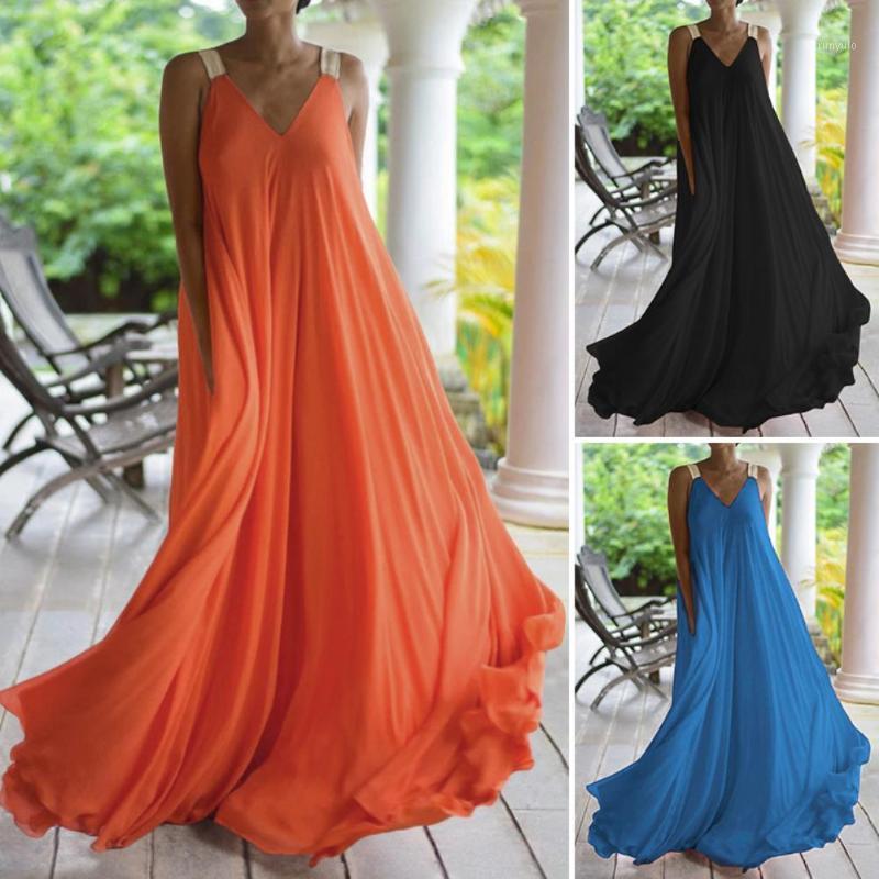 

Women Boho Sleeveless Deep V Neck Backless Large Hem Sling Full-length Dress, Black