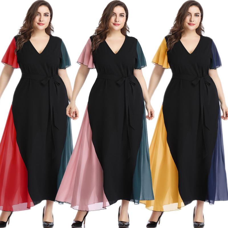 

Plus Size Dresses Women Long Dress Summer Short Sleeve V-neck Loose Casual Color Block Sundress Elegant 2022 Fashion With Belt, 02 pink