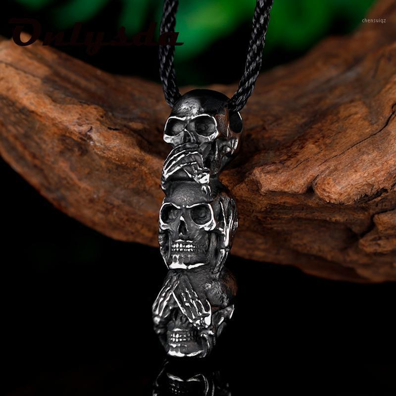 

Pendant Necklaces Free Vintage Punk Rock Evil Skull Trio Statue No See Hear Speak Skeletons Stainless Steel For Man V004