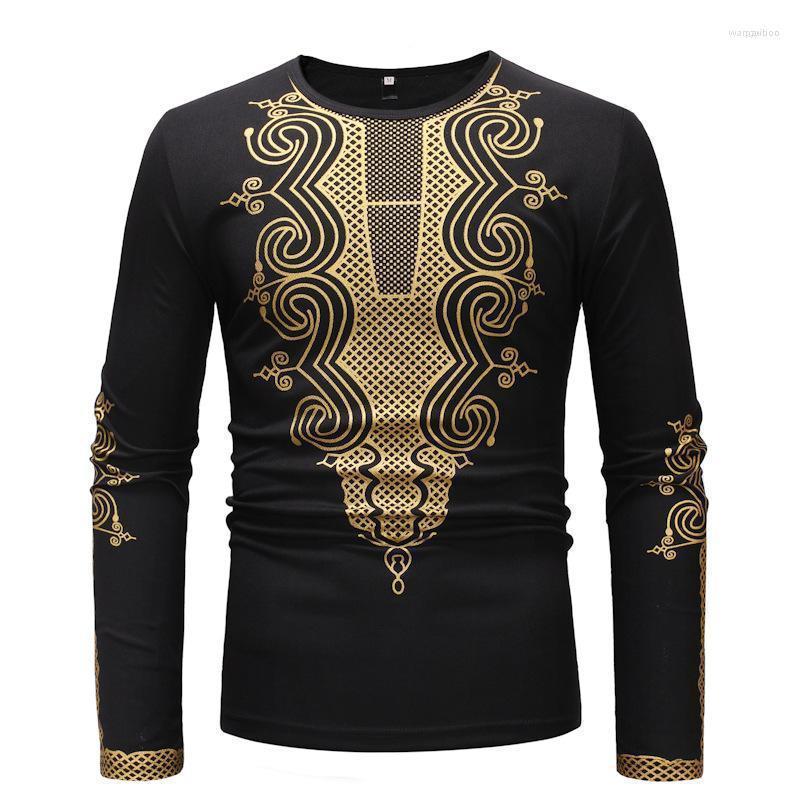 

Men's Casual Shirts Mens Hipster Hip Hop Dashiki Traditional 2022 Brand Gold Floral Print Shirt Men Streetwear African Clothes Camisa, Black