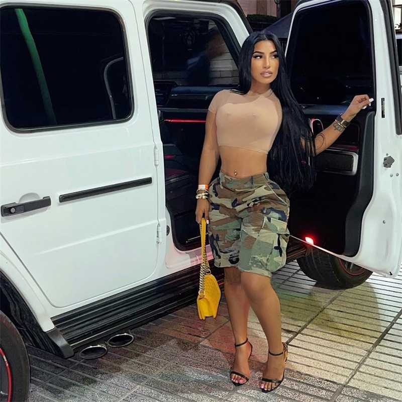 

2022 Summer Womens Shorts Pants Fashion Trend Pocket Tassel Camouflage Five Pants Casual Elastic Waist Loose Knee Length High Street Clothes, Yellow