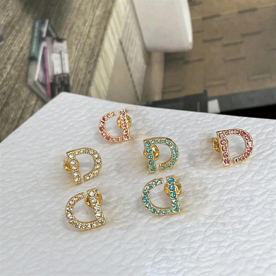 

colorful crystal cz zircon letters stud earrings pink blue white diamond D gold ear rings with stamp party jewelry gift210p