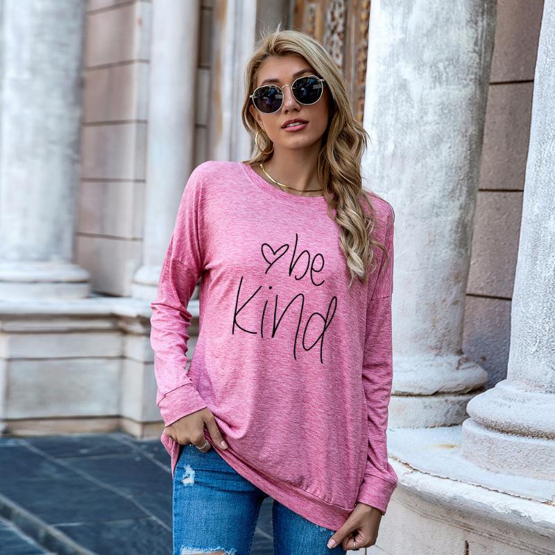 

Women' T-Shirt Letter Be Kind Print Shirt Women O-neck Long Sleeve Harajuku Graphic Pocket Pullover Top Streetwear Loose Female Tshirt, Blue-bk