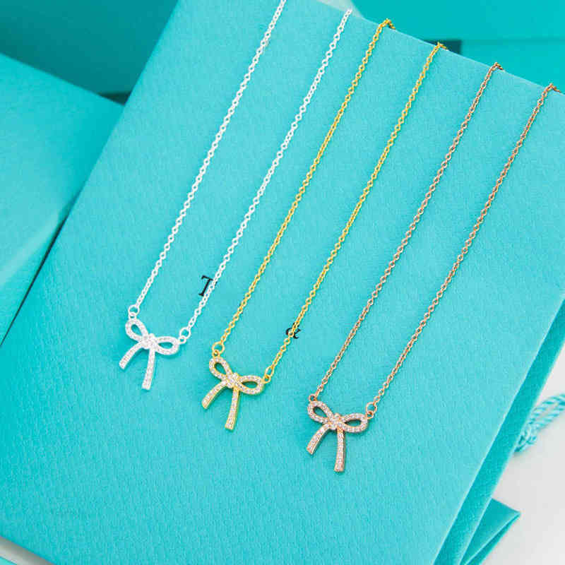 

S88J T home t Funi Bow Necklace women's simple diamond inlaid sweet and lovely ins style neck chain high version thickened gold plating