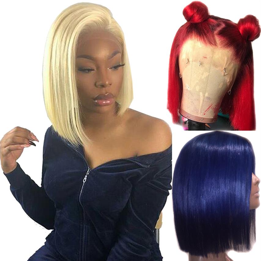 

613 Blonde 13x6 Lace Front Wig Blue Colored Remy Red Human Hair Full Ends Transparent Frontal Closure Swiss Lace Short Bob Wigs2919, Black