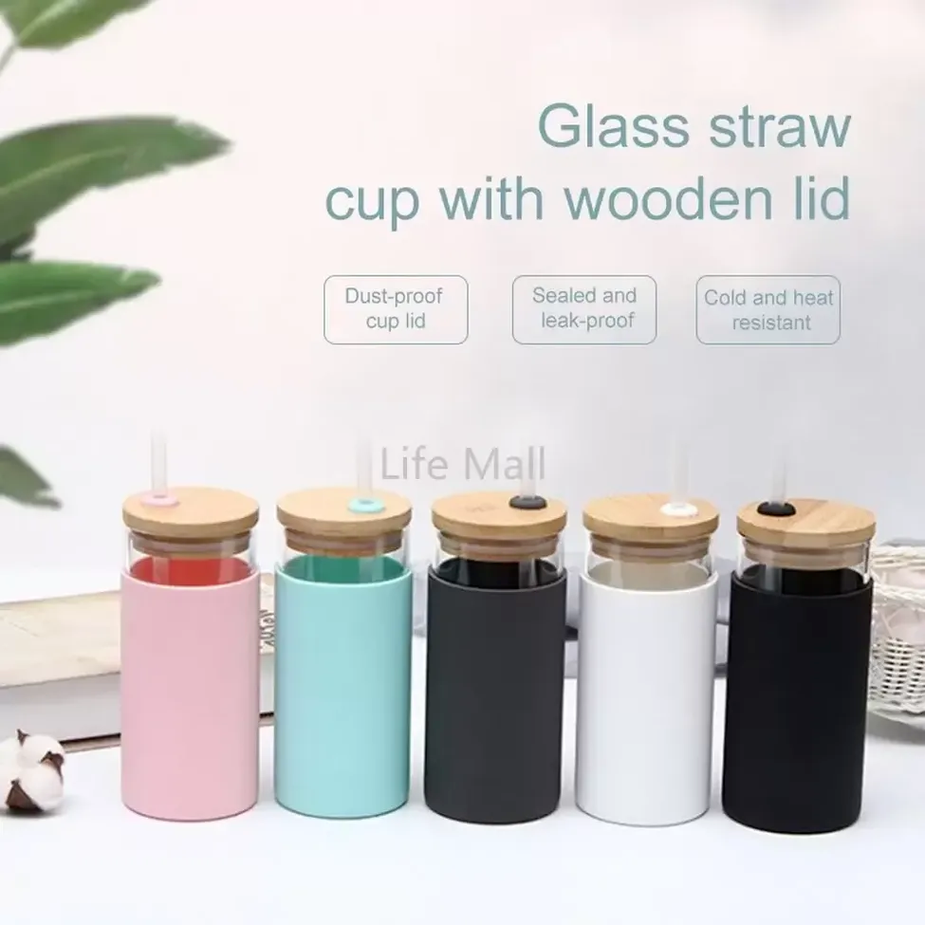 

Fast Delivery 550ML Reuseable Glass Tumbler with Straw Water Bottle with Bamboo Lid Coffee Cup For Home Travel Cars sxmy26, As pic
