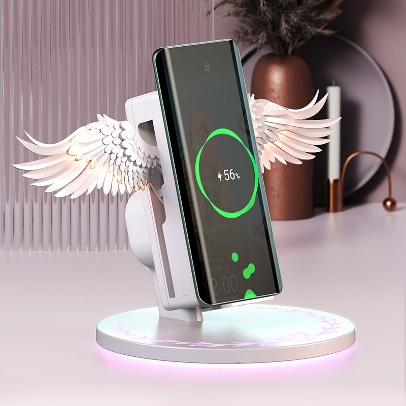 

New angel wings mobile phone wireless charger 15W quick charging universal gift wholesale multifunctional makeup mirror for iphone samsung xiaomi oppo