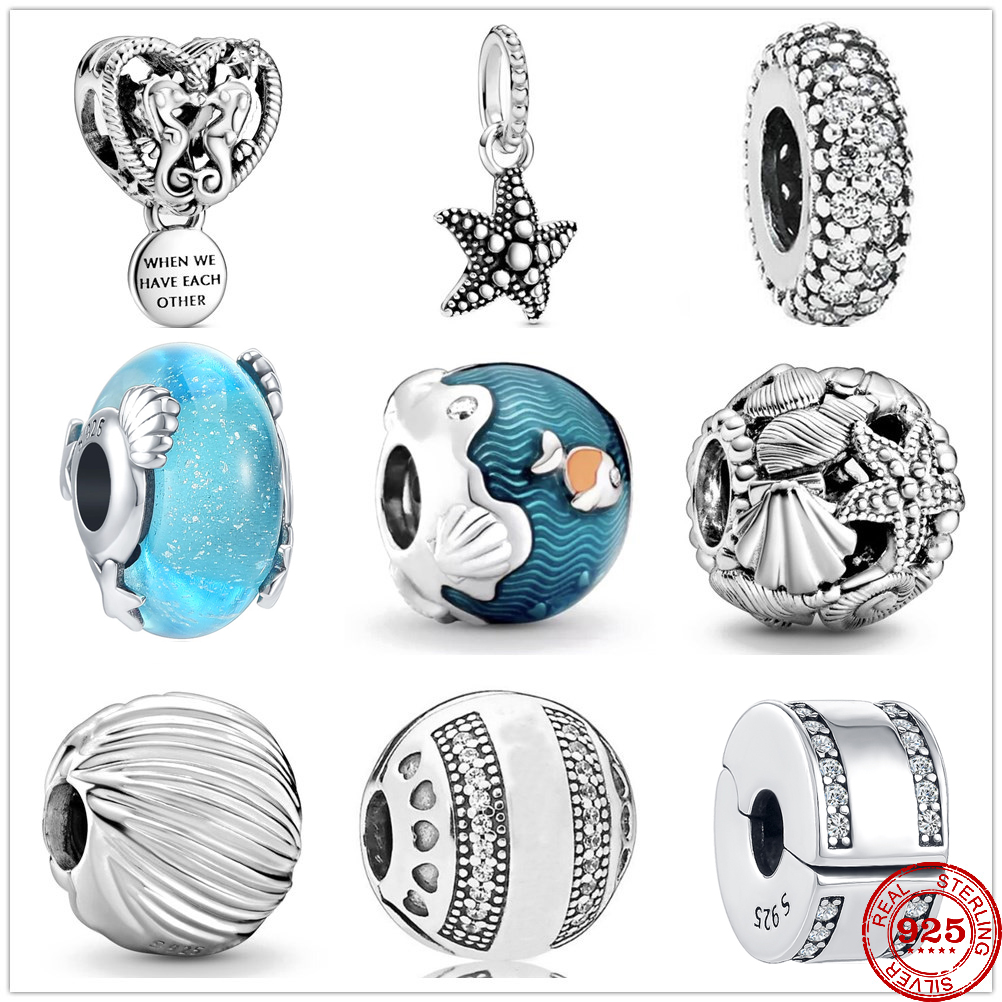925 Sterling Silver Dangle Charm New Ocean Series Shell Starfish Glass Murano Beads Bead Fit Charms Bracelet DIY Jewelry Accessories