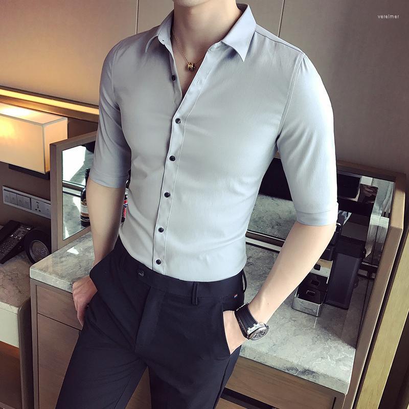 

Men' Dress Shirts British Style Five-point Sleeve Shirt Men Solid Color Slim Business Nightclub Model Hair Stylist OverallsMen' Vere22, Black