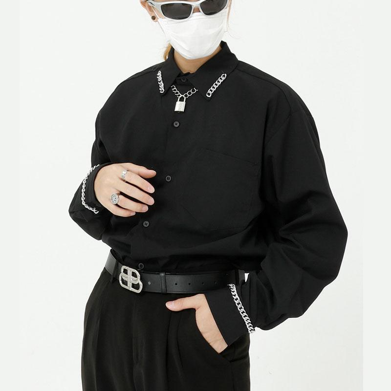 

Men Iron Chain Long Sleeve Collar Loose Causal Shirt Male Japan Korea Streetwear Hip Hop Retro Fashion Shirts Men's Casual, 2119 gray