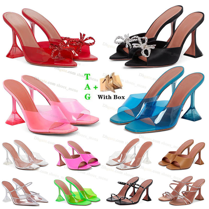 

amina muaddi luxury womens sandals high heel dress shoes designer ladies triple red bow diamond spool stiletto heels femme black leather transparent cystal shoe, H 03