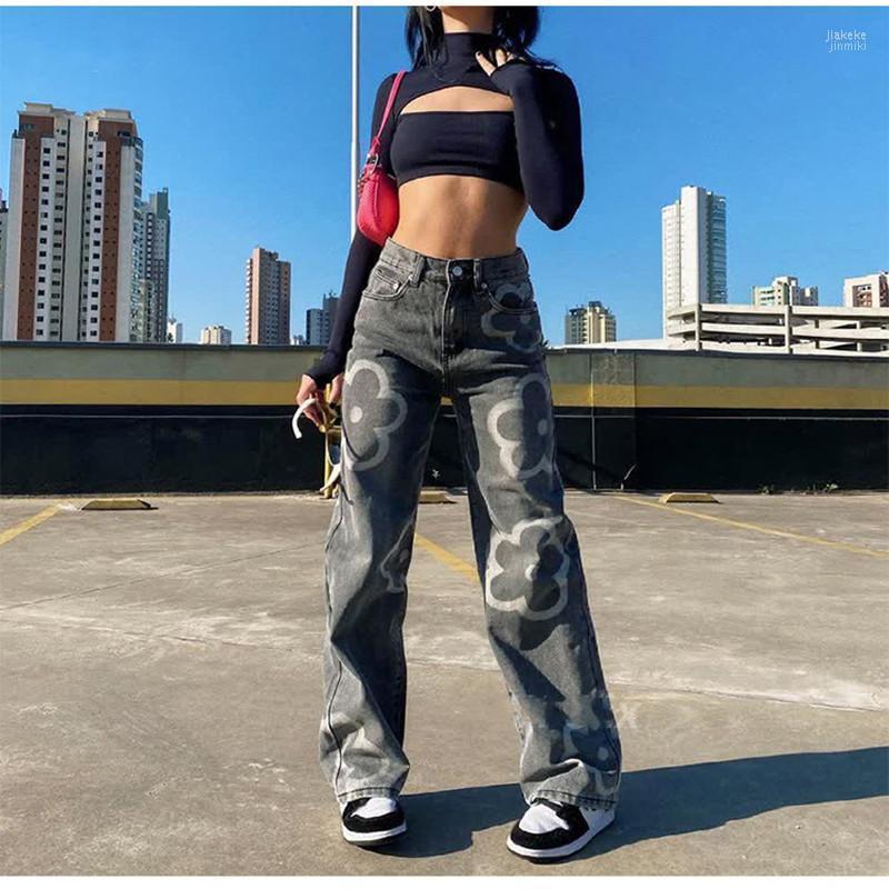 

Women' Jeans Floral Graffiti Ladies High Waist Straight Casual Loose Denim Stitching Zipper Trousers Slim Jogging Women 2022, Gold