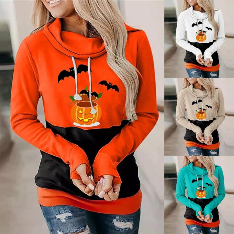 

Women's Hoodies & Sweatshirts Halloween Pile Collar Patchwork Female Clothing Harajuku Pumpkin Printed Y2K Tops Long Sleeve Gothic Pullover, Lake blue