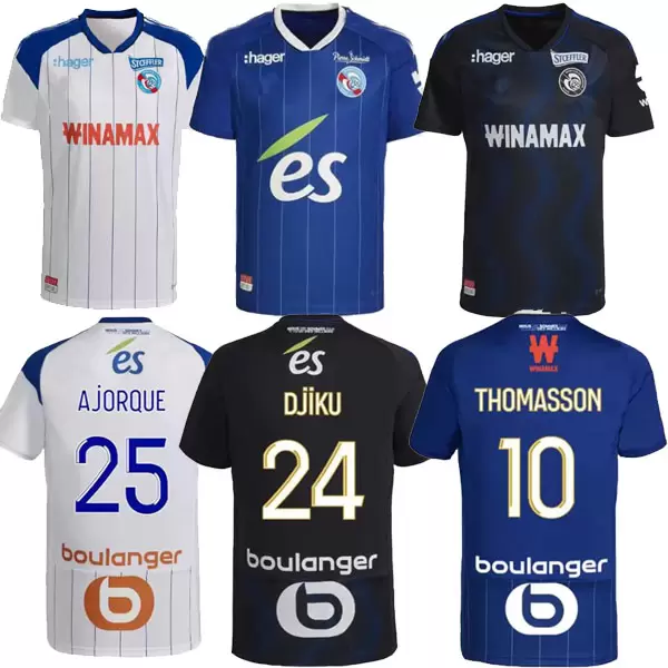 

22 23 RC Strasbourg Alsace soccer jerseys maillot de foot home blue 2022 2023 AHOLOU THOMASSON LiEnard Diallo DJIKU AJORQUE Gameiro football shirts home away third, Home man 1