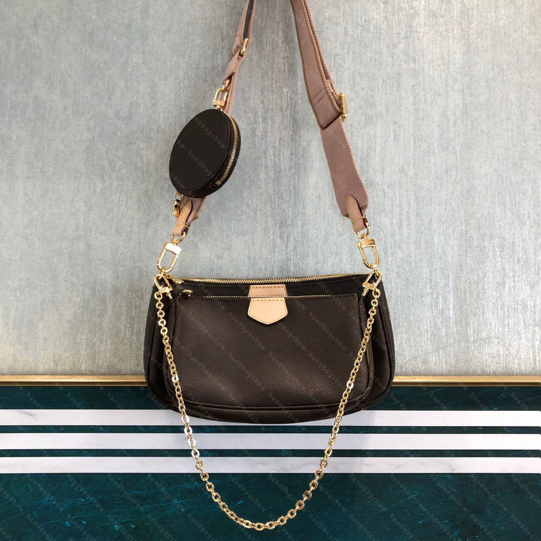 

handbags shoulder bag Messenger Multi Pochette totes chain Coin Pouch Flower Designer Purses Handbag 3 pcs Set Crossbody Bags Genuine Leathe, Brown+pink strap