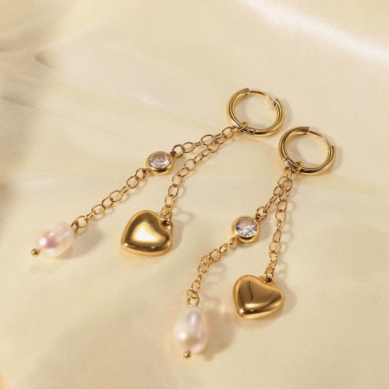 

Dangle & Chandelier Minar Retro Gold Color Love Heart Long Tassel Earring For Women Irregular Freshwater Pearl Stainless Steel Drop Earrings