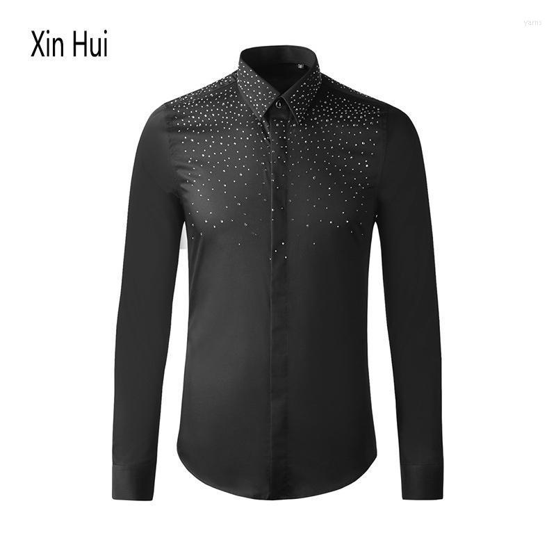 

Style Front And Rear Czech Rhinestone Stamping Shirt Men's Long-sleeved Slim Casual Bottoming Top High-end Shirts, Black