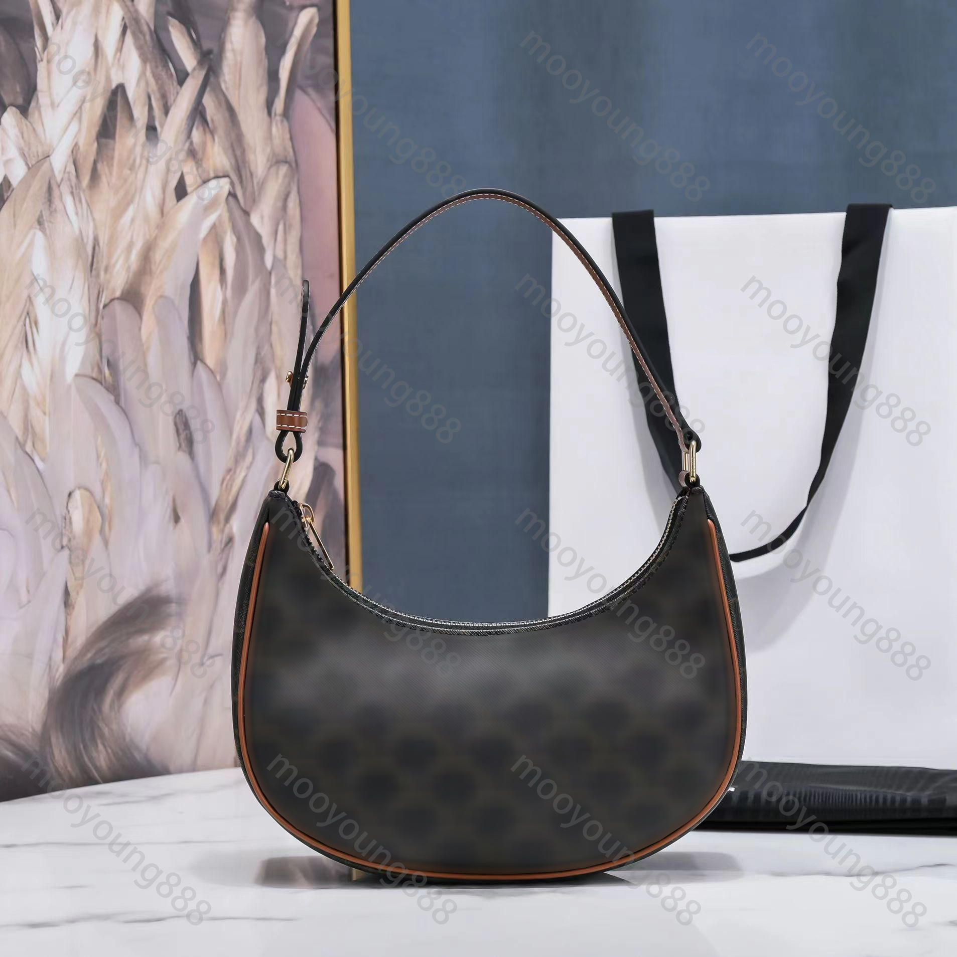 

10A Top Tier Quality Luxury Designers 23cm Small Ttiomphe Hobo Bag Real Leather Cowhide Womens Handbag Quilted Purse Half Moon Bags Shoulder Brown Bag With Box, #3