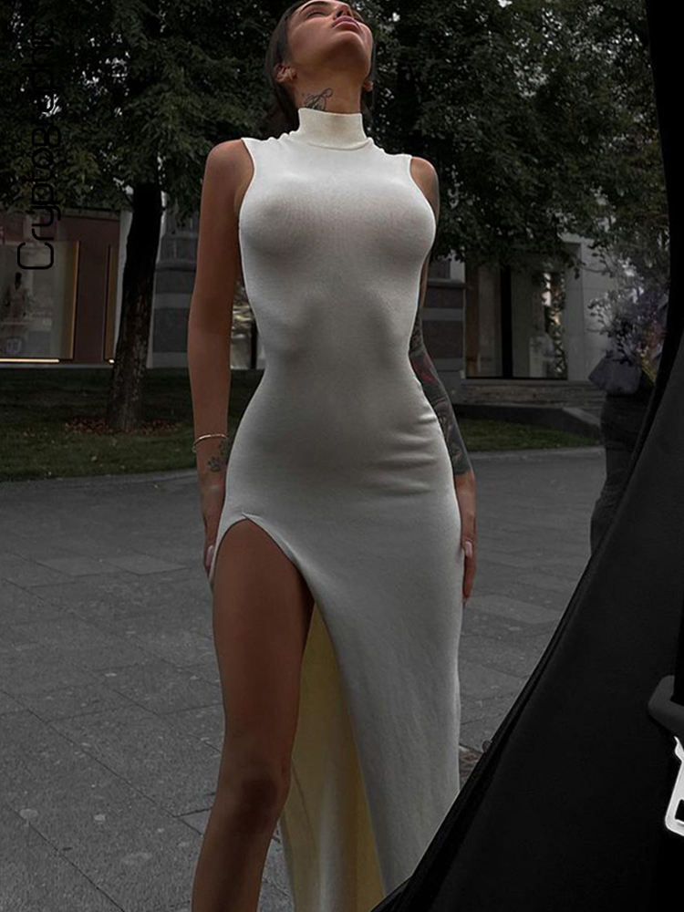 

2022 Summer Slit Maxi Dress for Women Elegant Holiday Sexy Sleeveless Club Party Tank Sundresses Solid Clothes, Black