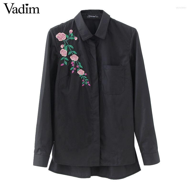 

Women' Blouses & Shirts Women Retro Flower Embroidery Striped Blouse Long Sleeve Black Turn Down Collar Brand Ladies Tops Blusas LT1511Wome