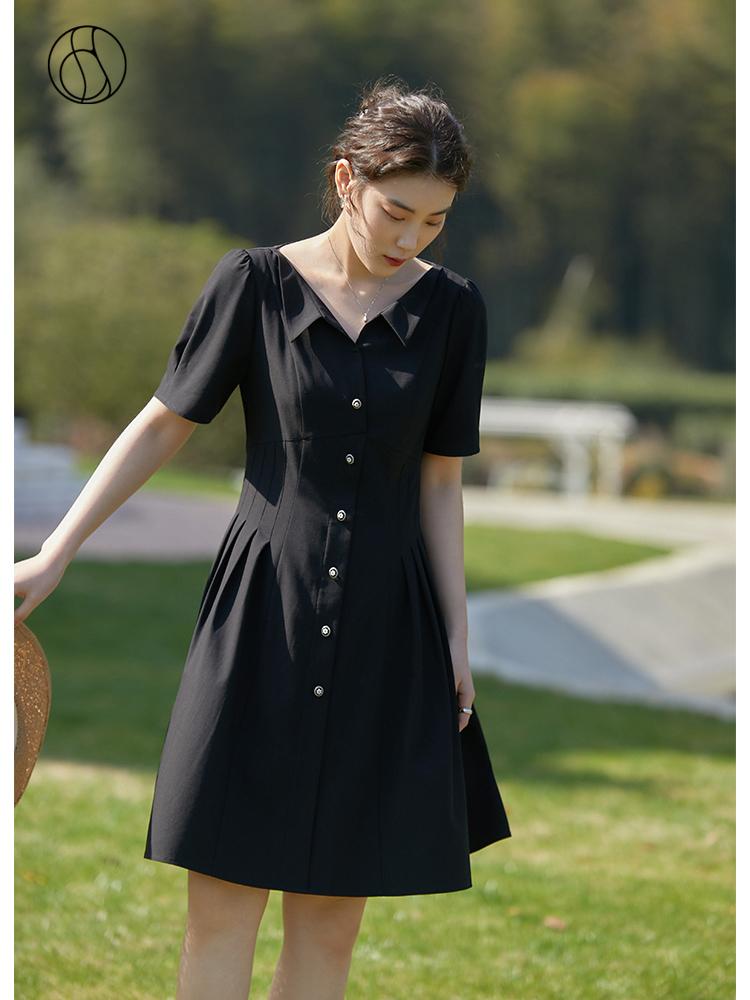 

Casual Dresses French High Waist Pinch Pleated Slim Dress Slightly Fat Lady Knee-Length Sleeve A-LINE SolidCasual CasualCasual, Black