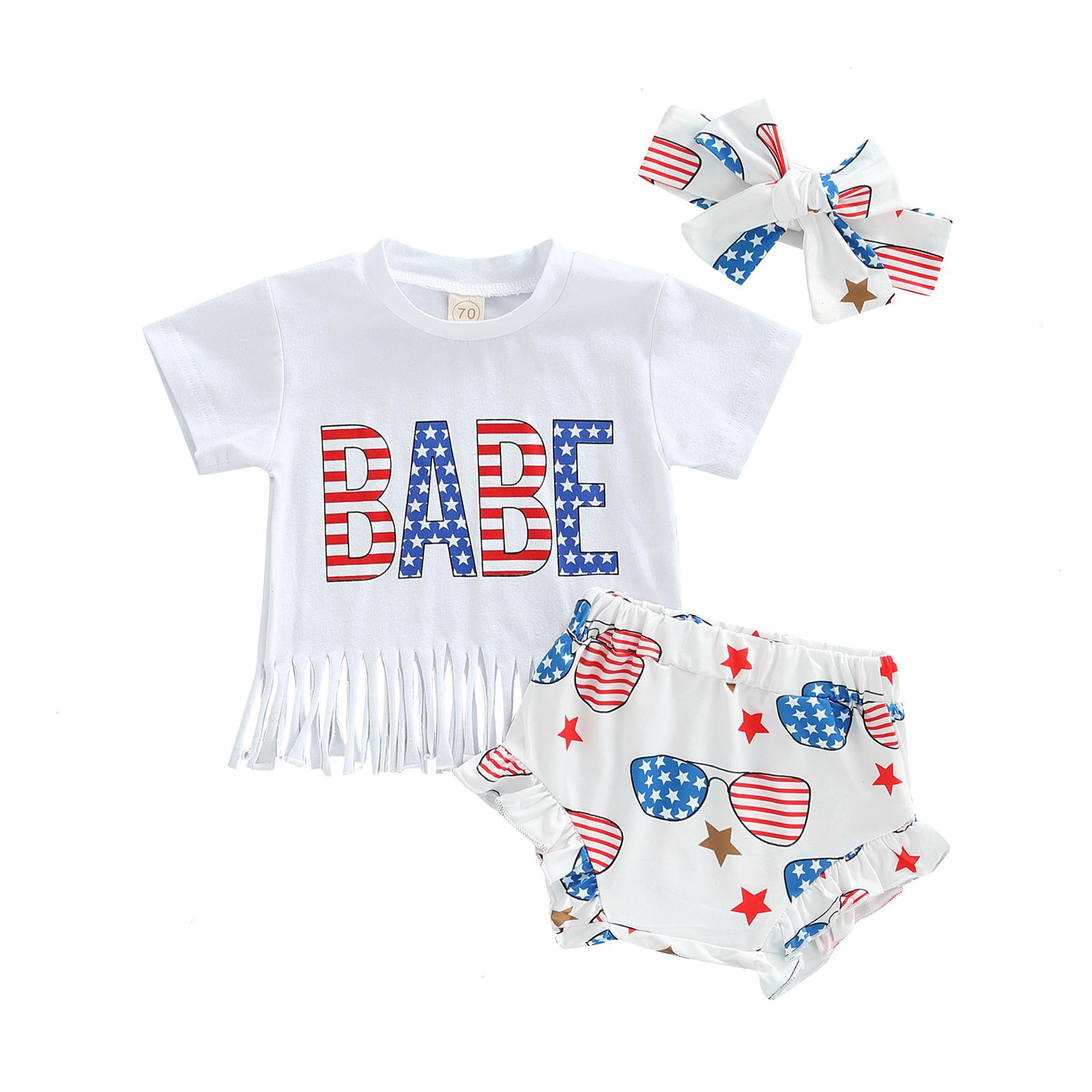 

0-24m Newborn Infant Baby Set Girl 3pcs Independence Day Summer Clothing Letter Printed Shirt Stars Shorts, As picture