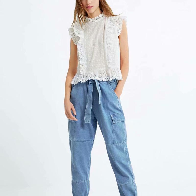 

Casual Embroidered Floral Hollow Out Tops Stand Collar Ruffles White Cotton Blouse Pullover Shirt Summer Women Sweet Women's Blouses &