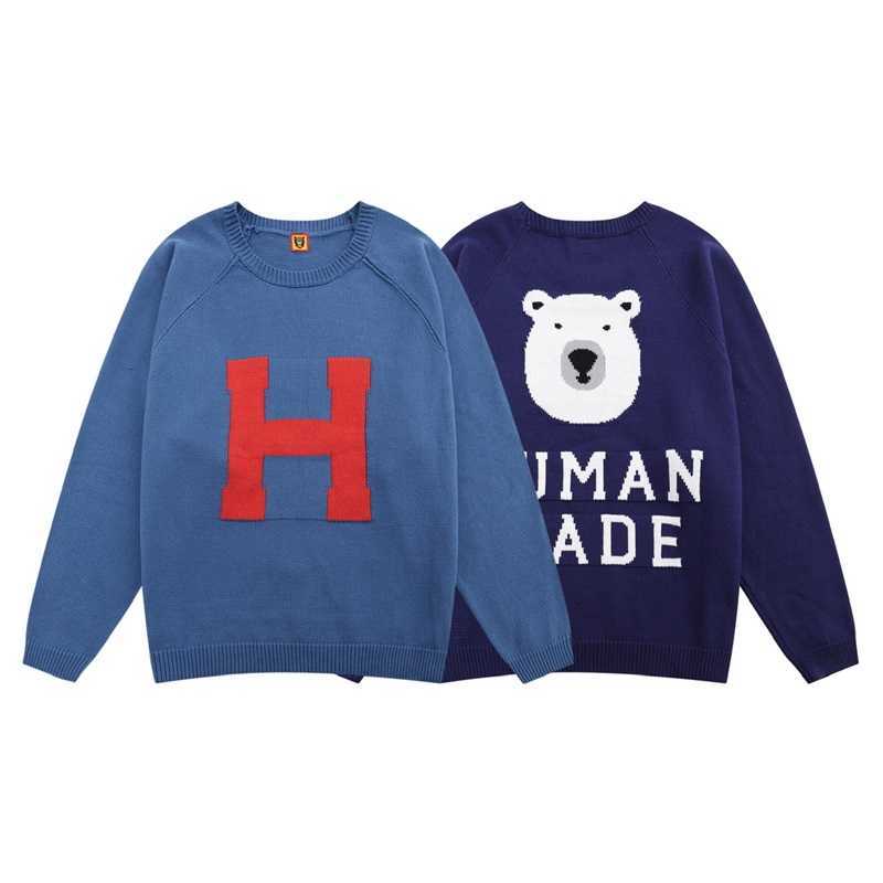 

Men' Sweaters Human made cartoon polar bear sweater autumn loose OS Unisex crew neck Pullover trendy sweater, Light blue