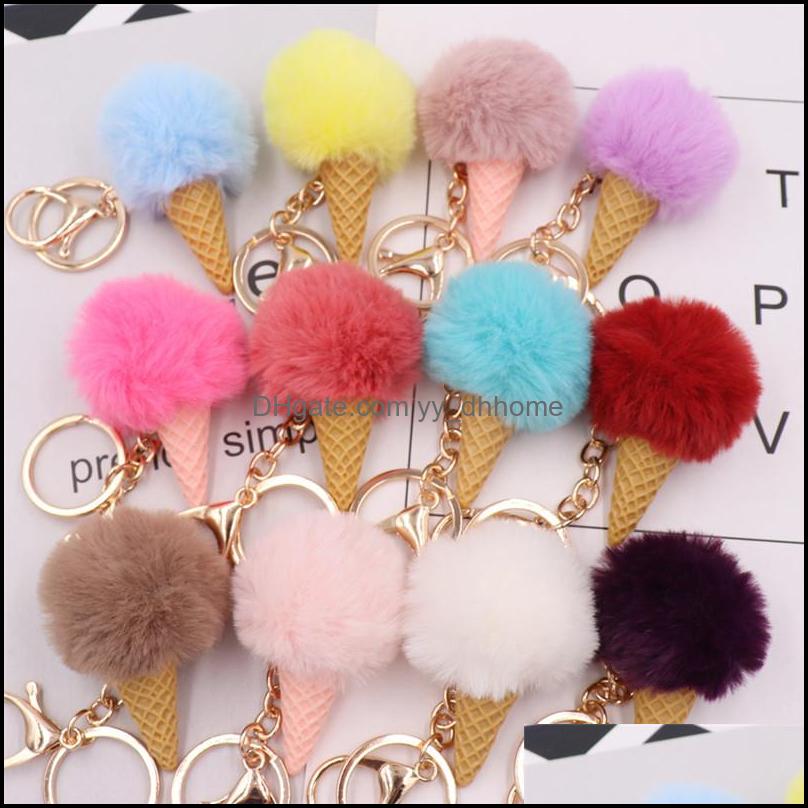 

Key Rings Jewelry Ice Cream Cone Pompom 5Cm Artificial Faux Rabbit Fur Keyfobs For Handbag Stylish Puff Ball Keychains Jewel Dhrxe