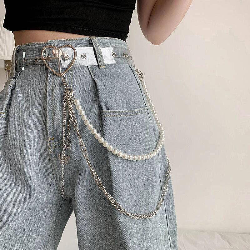 

Belts Women Student Belt Korean Fashion Transparent Waistband Lady Personality Layers Pearl Butterfly Chain Clothes Accessories Female, Black