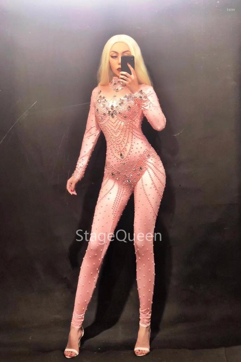 

Women' Jumpsuits & Rompers Women Sexy Stage Pink Color Jumpsuit Glass Sparkling Crystals Bodysuit Nightclub Party Wear Performance Costumes