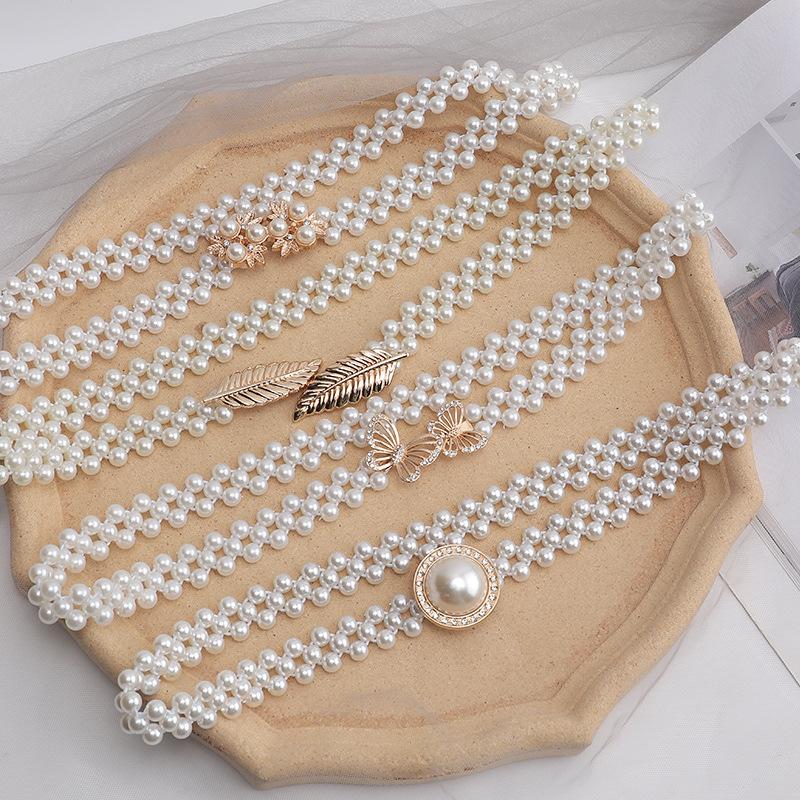 

Belts Elegant Women Pearl Rhinestone Metal Buckle Elastic Waist Chain Belt Female Ladies Dress Strap Waistband Accessories, Black