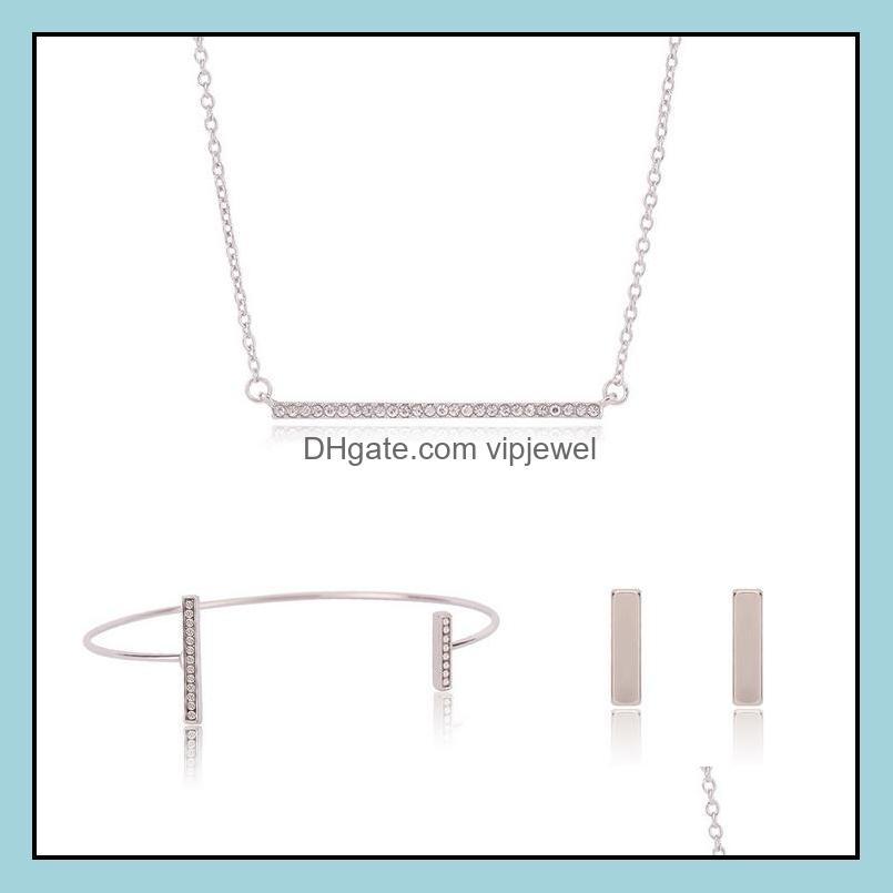 

Bracelet Earrings Necklace Jewelry Sets Bangle Set High Grade Brief Fashion Women Rhinestone White Gold Plated Metal Stick Party 3-Piece