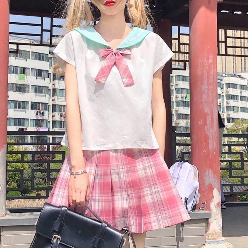 

Women's Blouses & Shirts Sweet Girly Summer Shirt Short Sleeve Color Block Pullover Tops Japanese JK Women Navy Collar White Tee 2022