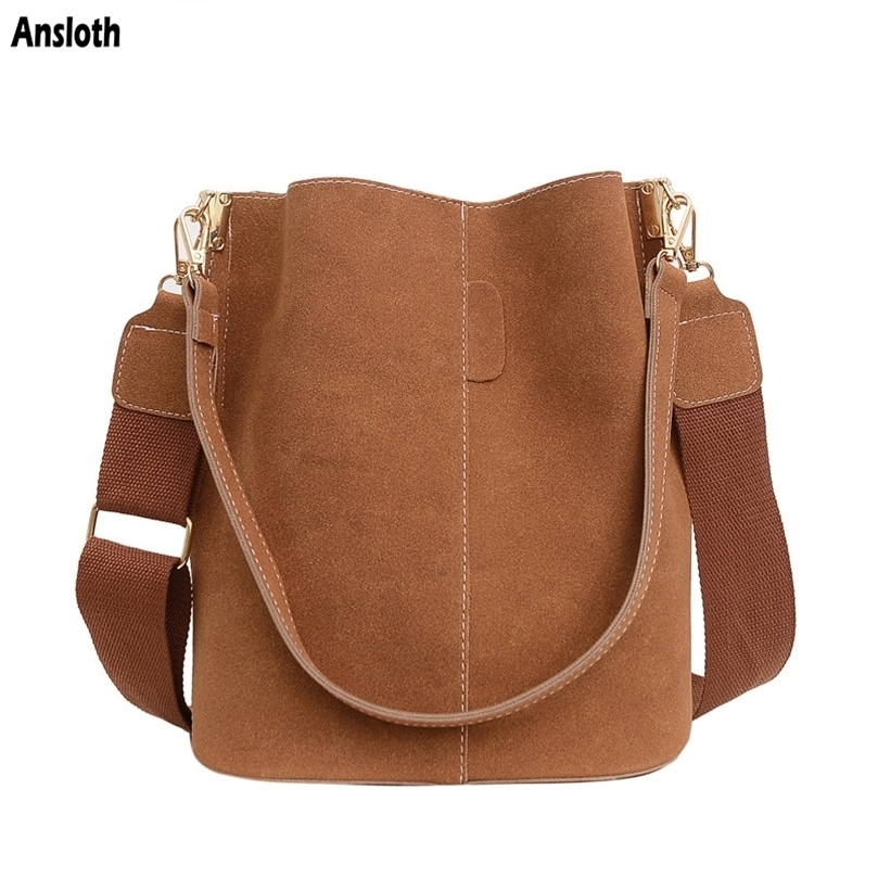 

Ansloth Retro High Capacity Bucket Bags Nubuck Leather Shoulder For Women Design Brand Luxury Lady Crossbody HPS1081 220322, B brown