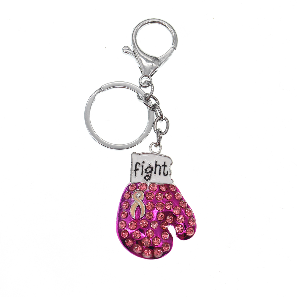 

Breast Cancer Awareness Keychain Enamel Crystal Pink Ribbon Keychain Rhinestone Boxing Gloves Shape Pendant Charm Keyring For Women