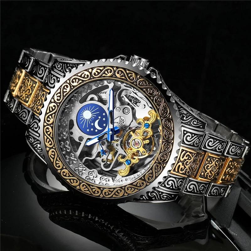 

Wristwatches Forsining Men Tourbillion Automatic Mechanical Wrist Watch Moon Phase Stainless Steel Skeleton Male Relogio Masculino, Gmt1220-2