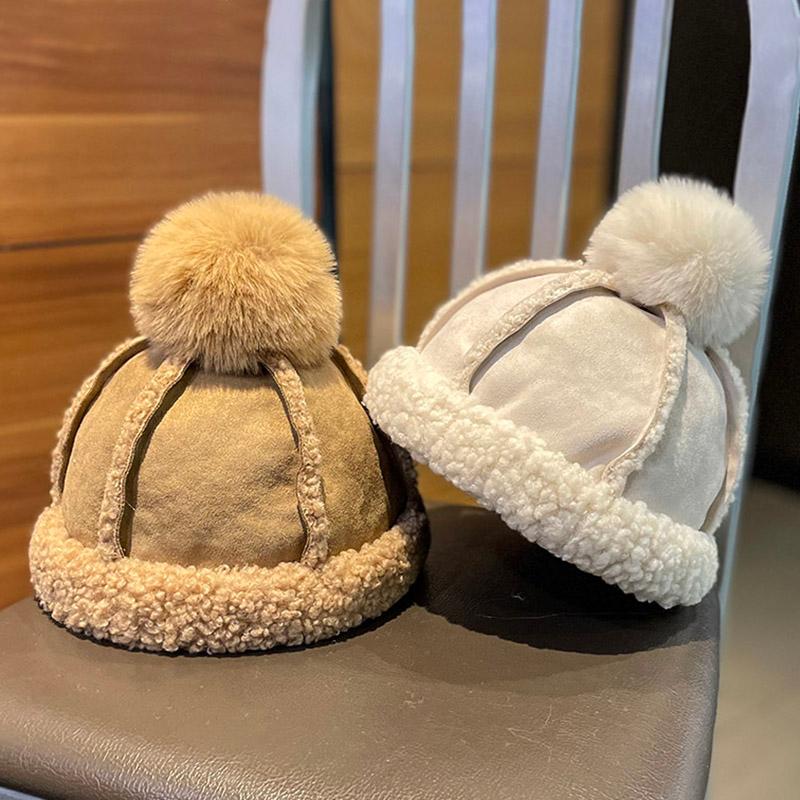 

Berets Lamb Winter Warm Ball Cap Girls Cute Ear Protection Hat Thickened Faux Wool Ski Landlord HatBerets, Black