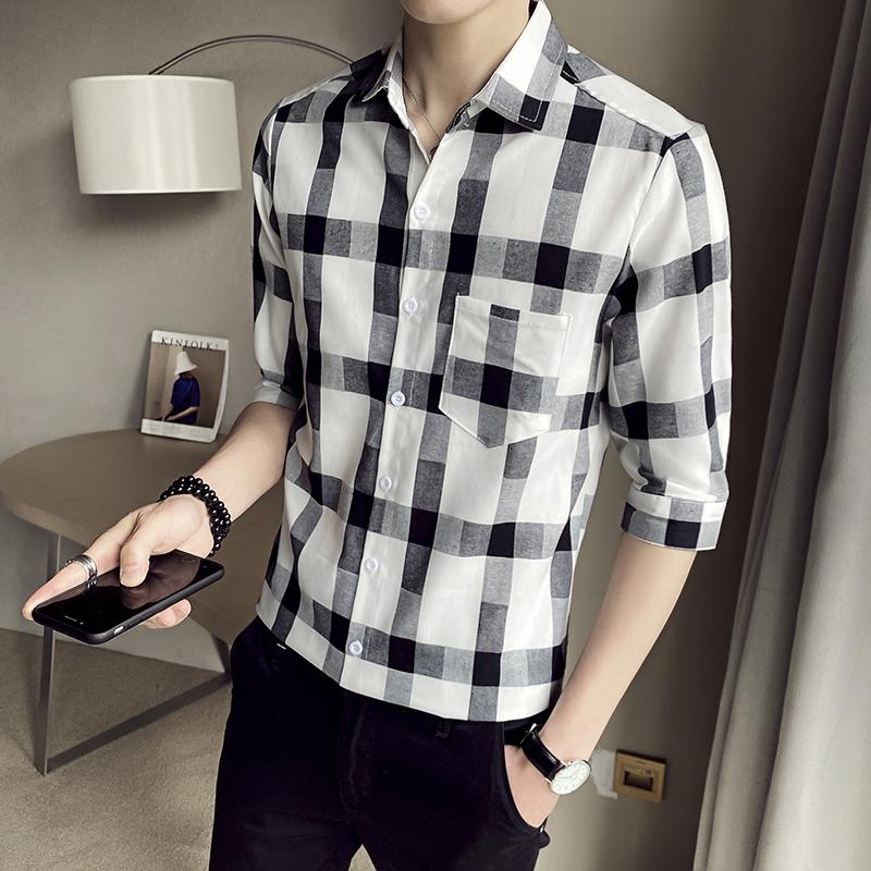 

Men's Casual Shirts Men Short Sleeve Slim Black White Gray Fashion Youth 2022 Three Quarter Summer Daily Solid For MenMen's