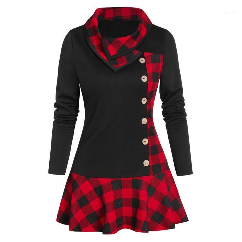 

Plus Size Women Plaid Blouse Button Cowl Neck Long Sleeve Patchwork Tops Fashion Vintage Loose Pullover Shirt For Female 2022 Women, Red