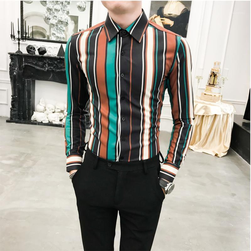 

Men Shirt Stripe England Print Autumn Young Hair Stylist Slim 304B-11151.P55 Men's Casual Shirts, See chart