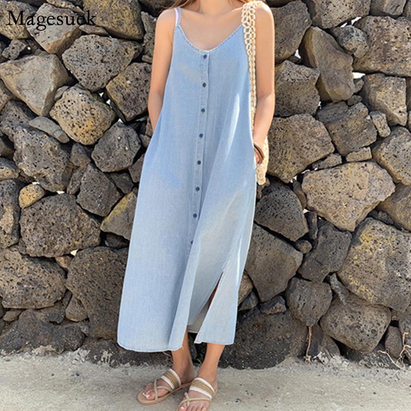 

Casual Dresses Sexy Party Button Sling Denim Dress Women 2022 Backless Split Loose Summer Woman Solid Cotton Long Vestidos 14077Casual, Light blue