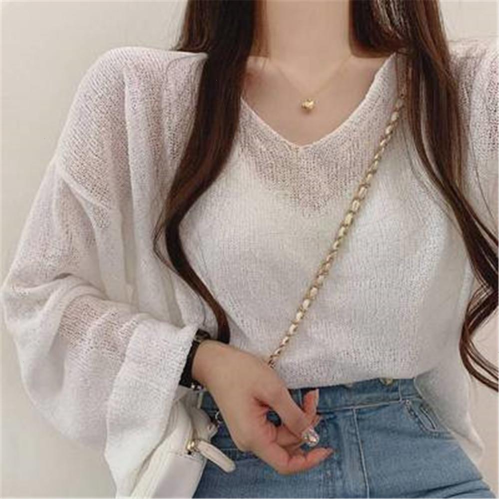 

Blouse Women Solid Sweaters Color Minimalist Long Sleeve Fairy Elegant V-neck Knitting Thin Breathable Soft Casual Basic Sun-proof Mujer, White