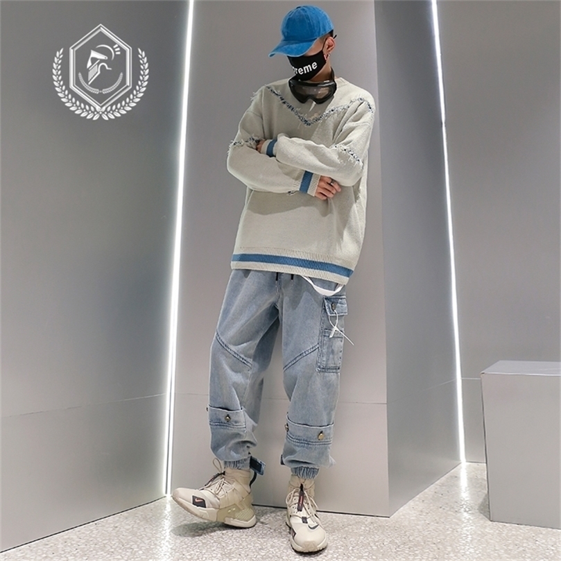 

Men Loose Knitwear Fashion Paris Embroidery Hip Hop Sweaters 201203, Grey