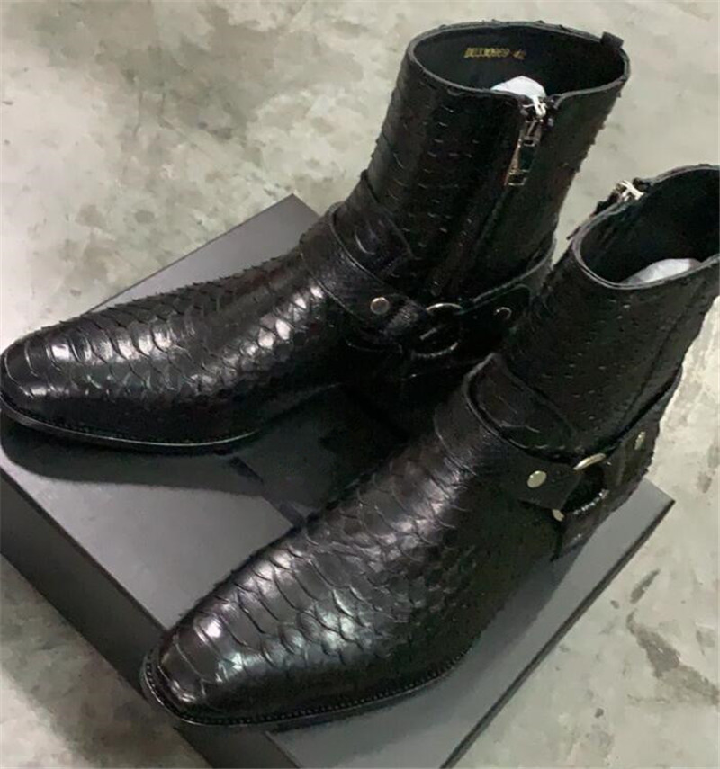 

Exclusive Genuine Python leather Handmade Buckle Strap Wedge Boots, Black