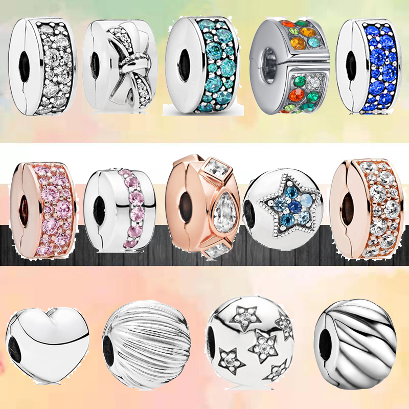 925 Silver Fit Pandora Charm 925 Bracelet Shining Zircon Opening Positioning Buckle Hole charms set Pendant DIY Fine Beads Jewelry-image-789949522